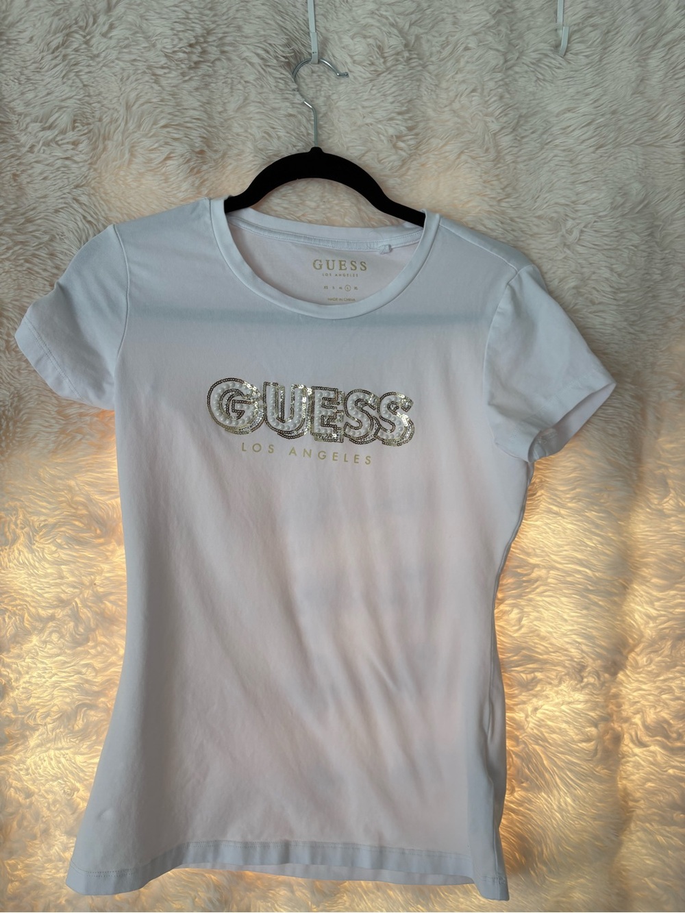 GUESS White Short-Sleeve Tee with Gold Sequin Logo